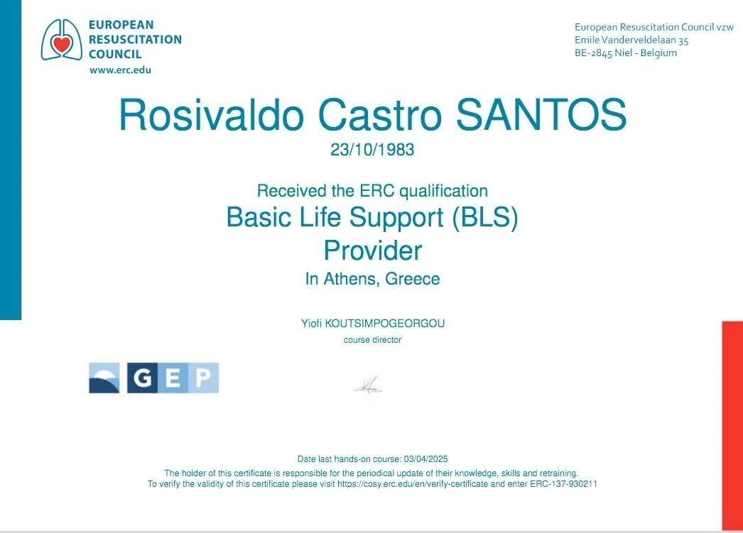Basic Life Support Provider certificate, European Resuscitation Council, Athens, 2025