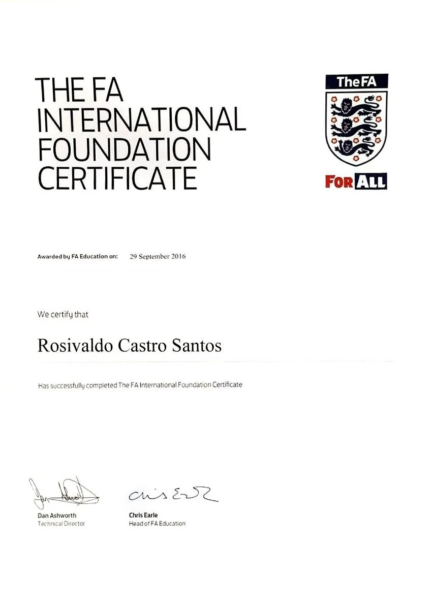 FA International Foundation Certificate awarded to Rosivaldo Castro Santos, 2016