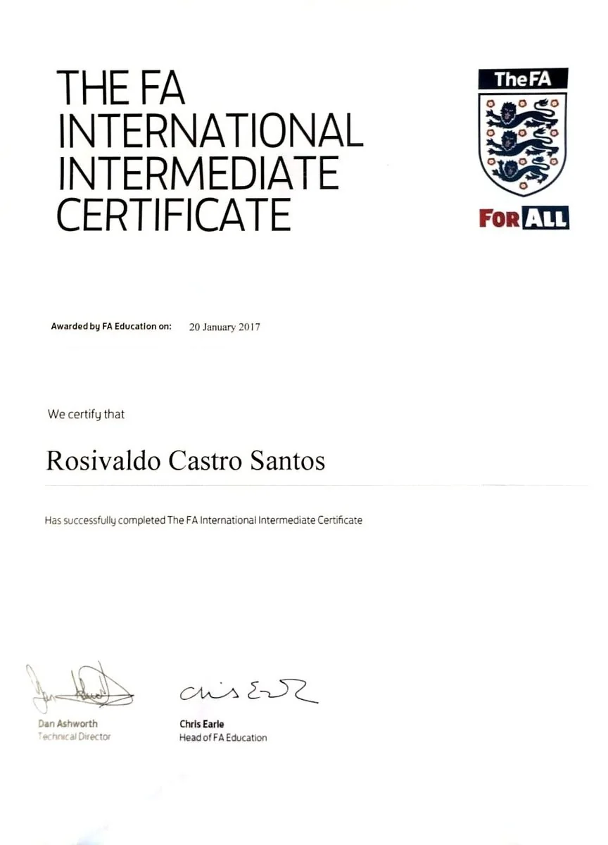 FA International Intermediate Certificate awarded to Rosivaldo Castro Santos, 2017