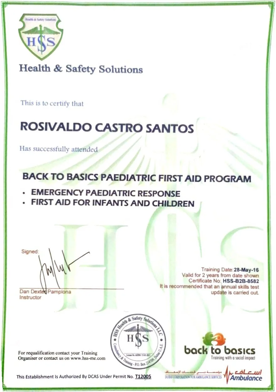 Paediatric First Aid certificate, Health & Safety Solutions, Dubai, 2016