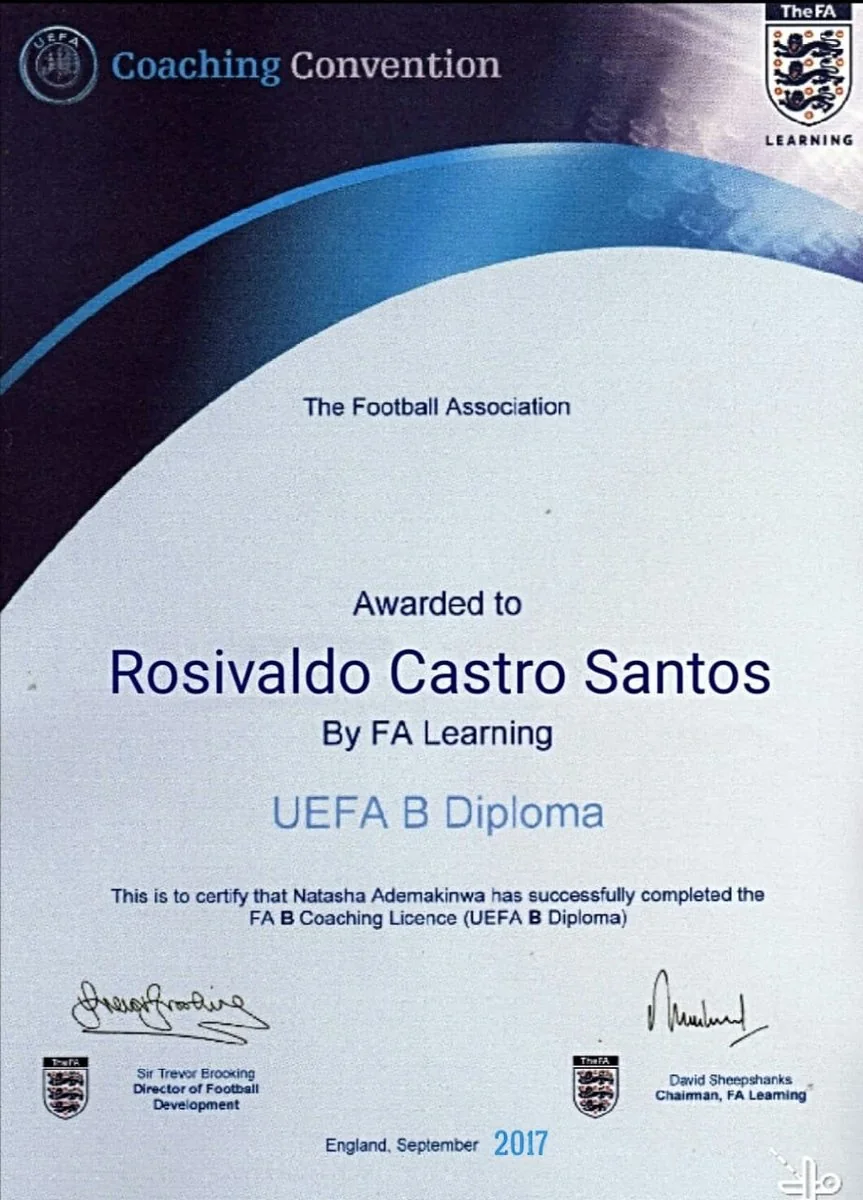 UEFA B Diploma awarded to Rosivaldo Castro Santos by The FA, England, 2017